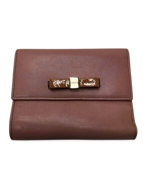 Furla Leather Wallet Pink Interior Bow Detail Snap Closure Compact